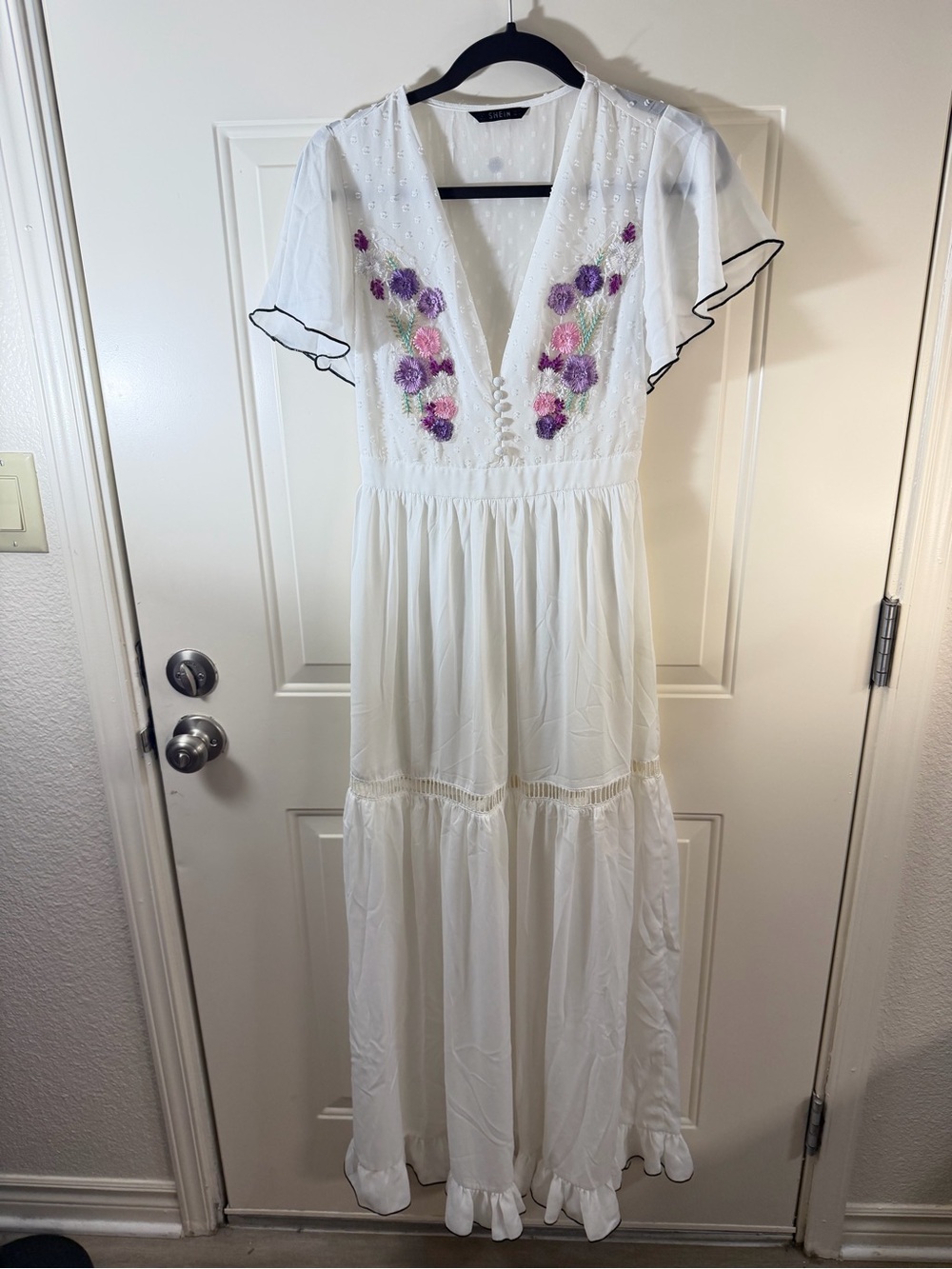 White Floral Embroidered Cottagecore Maxi Dress Coquette Boho Fairycore XS 0031